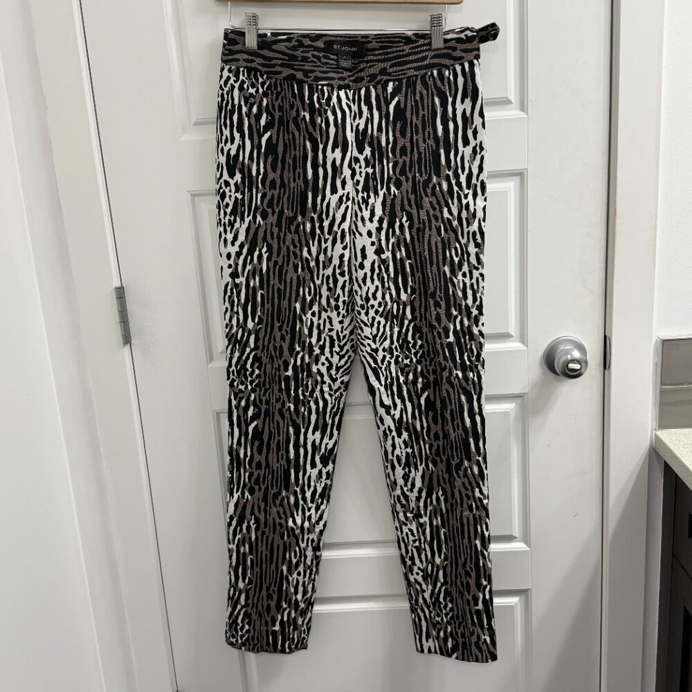 St. John Womens 4 Emma Animal Print Pants Black White Taupe Slim Leg Trousers
